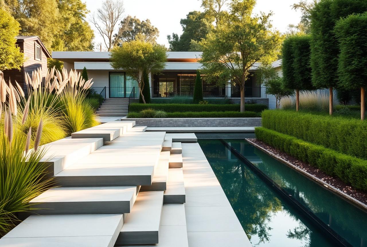 Modern architectural garden with linear pool and sculptural planting in soft daylight